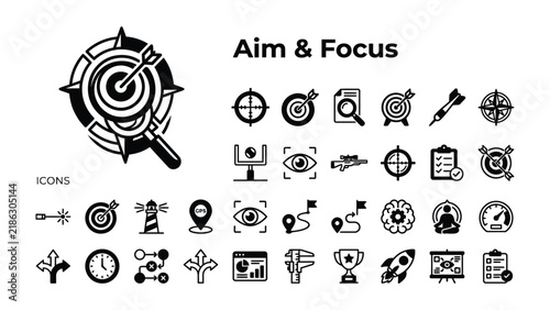 Aim and Focus Icons: A comprehensive collection of graphic icons illustrating concepts of aiming, focus, goals, and strategy, presented in a clear and organized manner.