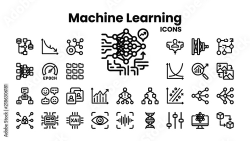 Machine Learning Icons: A collection of clean, modern icons representing various concepts in machine learning, including neural networks, data analysis, algorithms, and AI.