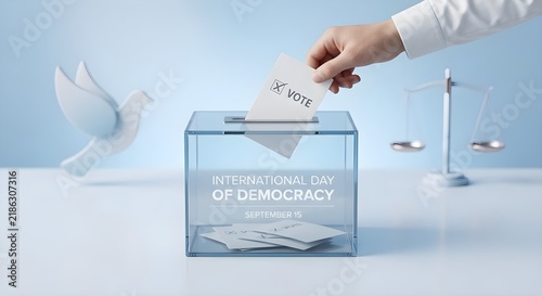 Realistic 3D render of a hand dropping a vote into a ballot box for Democracy Day