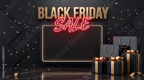 Black Friday Sale Banner Background with Shopping Bags and Luxury Gifts