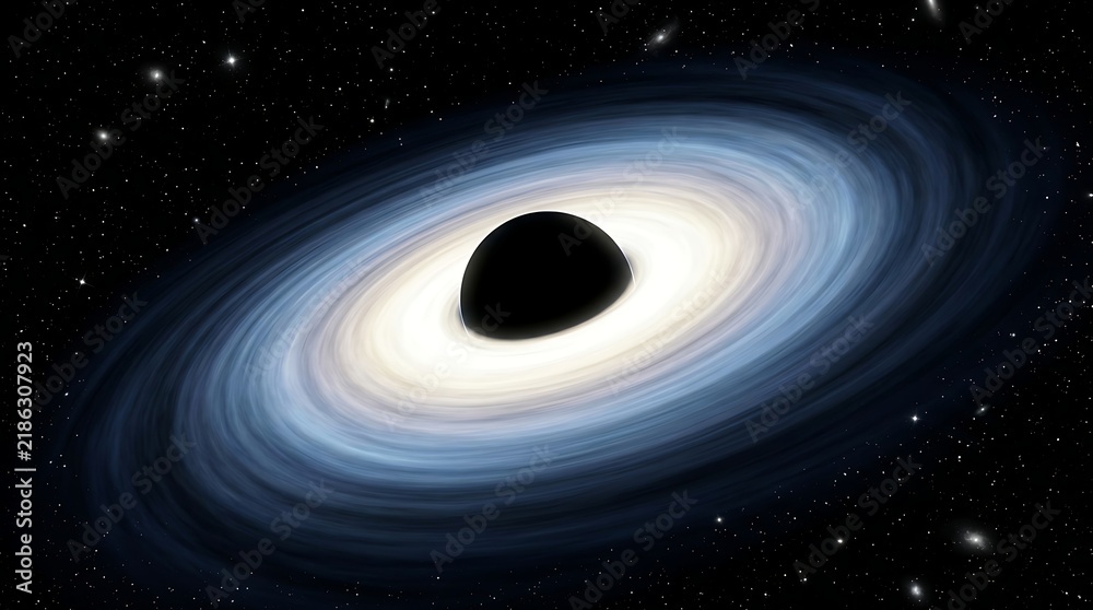 Fototapeta premium Artistic representation of black hole in deep space with accretion disk glowing with blues and whites, surrounded by stars and nebulae, scientific illustration.