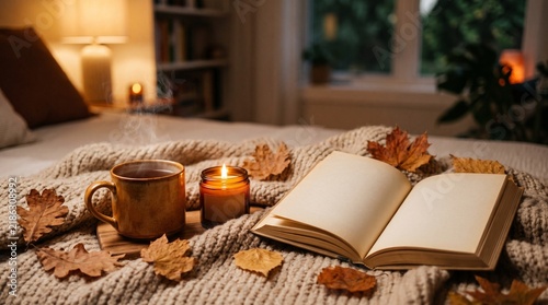 Cozy Autumn Bedroom Setup with Book Coffee Mug Candle and Dry Leaves