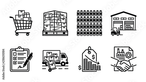 Logistics and Supply Chain Icons: A collection of vector icons illustrating key aspects of logistics, supply chain management, warehousing, and delivery processes.
