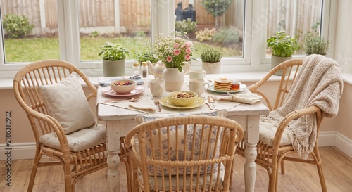 Cozy Sunroom Breakfast Nook Setup with Rattan Chairs and Garden View