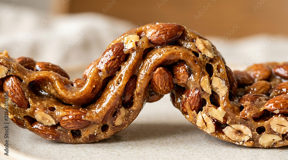 Obraz premium Sweet almond nougat candy, close-up, twisted shape, snack food, confectionery