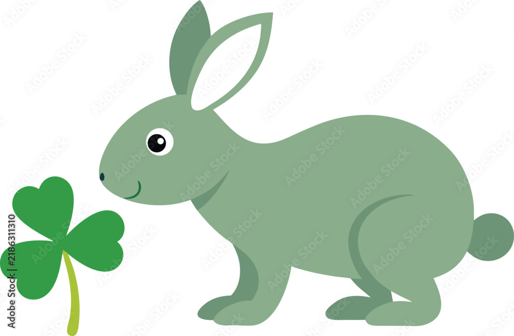 Fototapeta premium Cute green rabbit standing next to a small clover leaf Vector