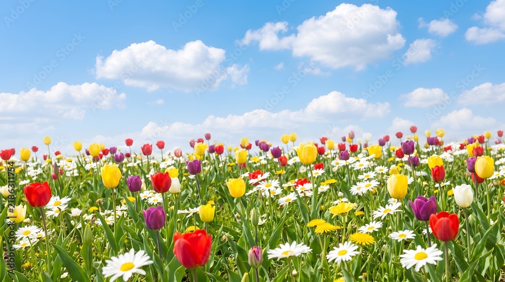 Obraz premium Colorful spring field with blooming tulips and daisies under blue sky.