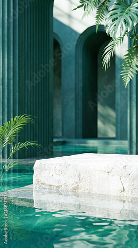 Stone podium background in blue pool water for cosmetic product display
