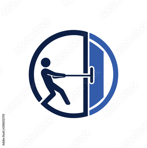 Modern Professional Person Pulling Door Handle Circle Vector Logo Icon