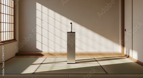 Modern metal pedestal stand in a bright empty room