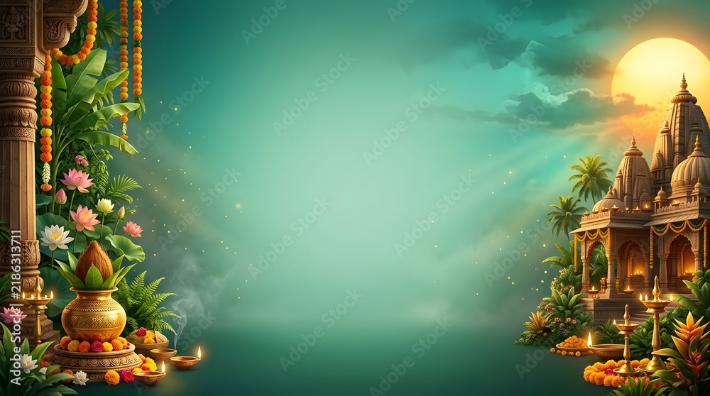 Obraz premium Hindu temple background for kanya sankranti celebration with kalash with glowing oil lamps