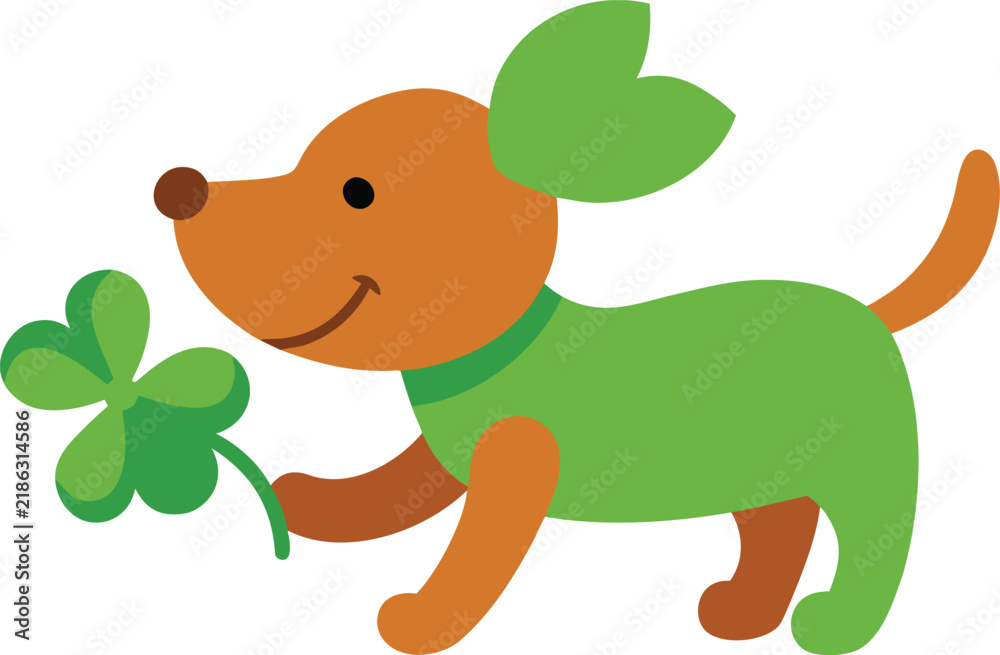 Obraz premium Cute cartoon puppy dog holding a green clover leaf Vector