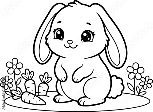 Cute baby bunny coloring page with carrots and flowers for kids vector