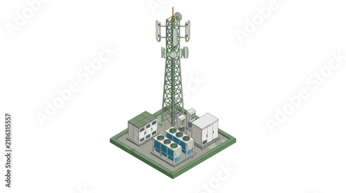 Minimalist Isometric of a Telecommunications Tower with Base Equipment and Cooling Units with high quality professional line art symbols for modern creative design and digital branding projects