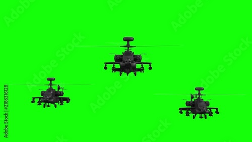 3d rendered animation of flying military helicopters on green screen