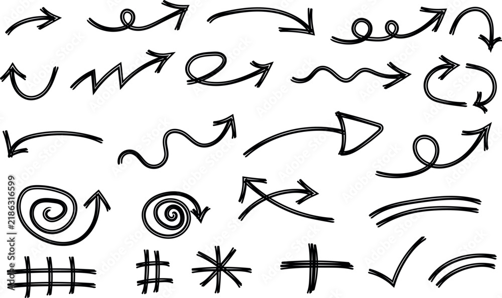 Fototapeta premium Hand Drawn Arrow Vector Icon Pack Set for Marker Pointers and Design Elements