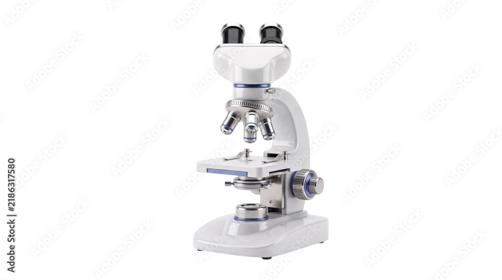 Obraz premium White laboratory microscope with silver and blue accents on png isolated background