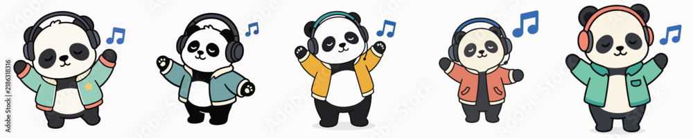 Naklejka premium A set of cute and adorable panda vectors wearing headphones and raising their hands while enjoying music.