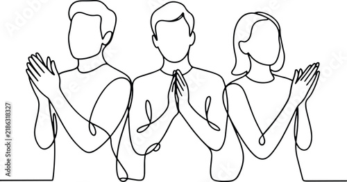 Continuous line drawing of three people clapping and praying together