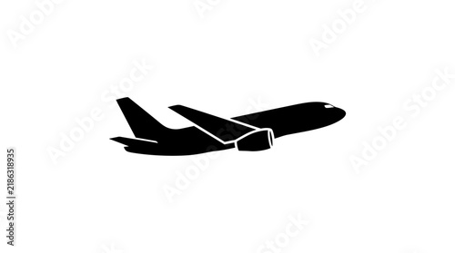 Black silhouette of a passenger airplane against a white background