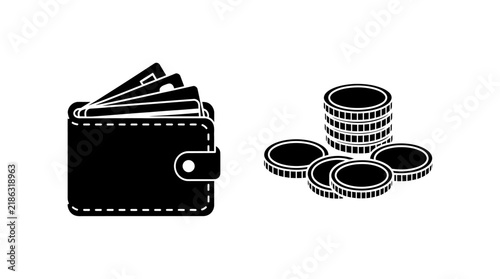 Wallet with banknotes and stack of coins black silhouette on white