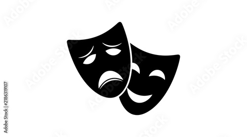 Black silhouette of comedy and tragedy masks against a white background
