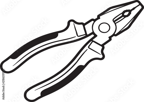 Simple black and white line drawing of a pair of metal pliers isolated on a white background