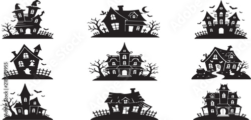 Set of nine black silhouettes of spooky haunted houses for halloween design elements on white background