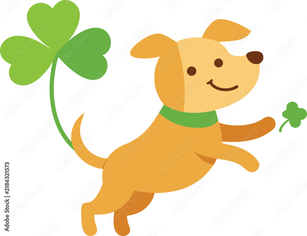 Obraz premium Cute happy puppy playing with a green clover leaf Vector