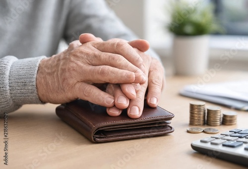 Wrinkled elderly hand resting on a leather wallet, representing retirement savings, financial planning, pension security, personal wealth, budgeting, and economic independence.
