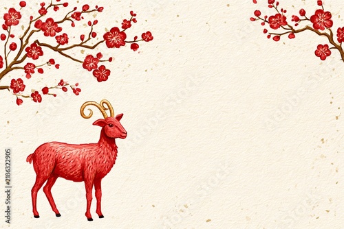 Minimalist illustration of a red Fire Sheep with golden horns on warm ivory paper background, adorned with delicate red plum blossom branches for Lunar New Year 2027