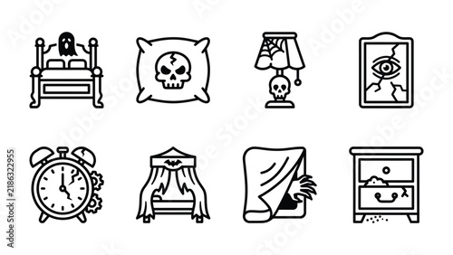 Bild auf Leinwand Spooky Night Icons: A collection of simple line art icons depicting elements of a haunted night, including a ghost in a bed, a skull pillow, a creepy lamp, a shattered mirror, an alarm clock