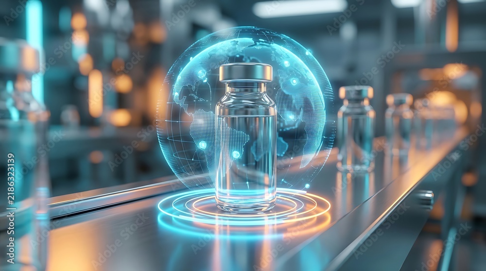 Obraz premium Conveyor belt carrying pharmaceutical glass vials with illuminated blue digital globe graphic highlighting global vaccine production and medical manufacturing.