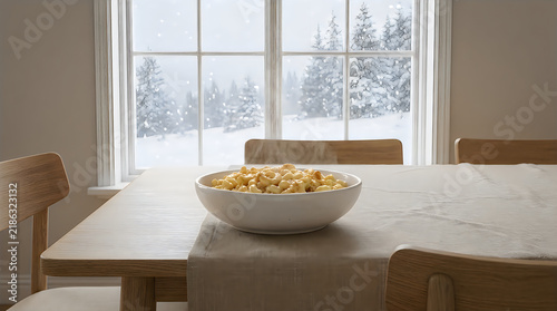 Bowl of steaming macaroni and cheese on a wooden table in front of a snowy winter window view