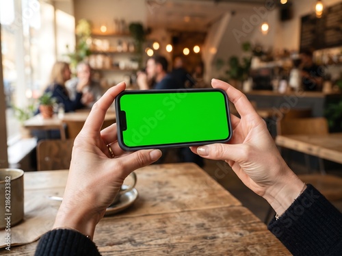 Smartphone chroma key vibrant green screen mockup photo, woman holding mobile phone horizontally in cafe, display