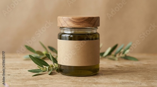 Glass jar with olive oil and blank label on a rustic wooden table
