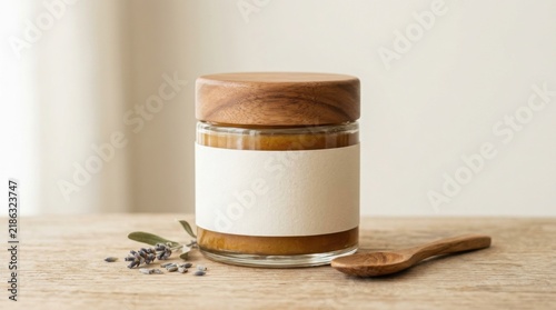 Glass jar with wooden lid and blank label on a rustic wooden table