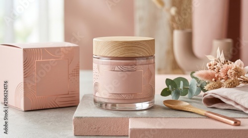 Glass cosmetic jar with wooden lid and packaging box on a neutral surface
