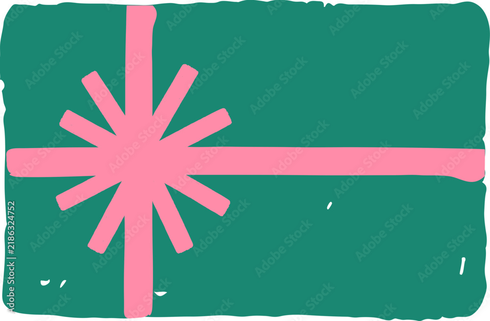 Obraz premium Green gift box with pink ribbon bow doodle in naive folk style. Childish hand drawn Christmas elements series