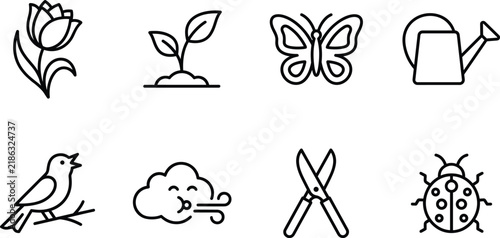 Spring season and gardening line icons set with flower butterfly watering can sprout tools vector