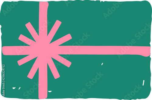 Green gift box with pink ribbon bow doodle in naive folk style. Childish hand drawn Christmas elements series