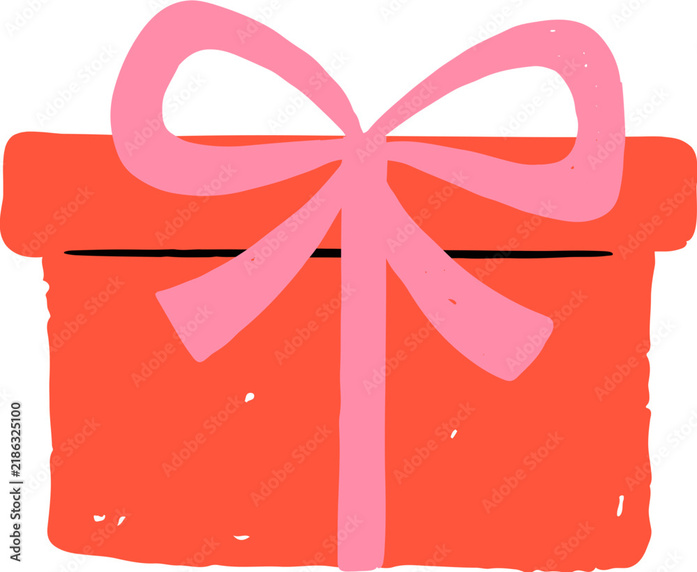 Obraz premium Red gift box with pink ribbon bow doodle in naive folk style. Childish hand drawn Christmas elements series