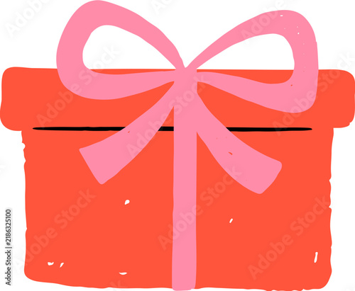 Red gift box with pink ribbon bow doodle in naive folk style. Childish hand drawn Christmas elements series
