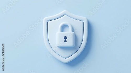 Clean blue security shield with padlock graphic symbolises internet safety data protection information privacy online firewall defence and account authentication.