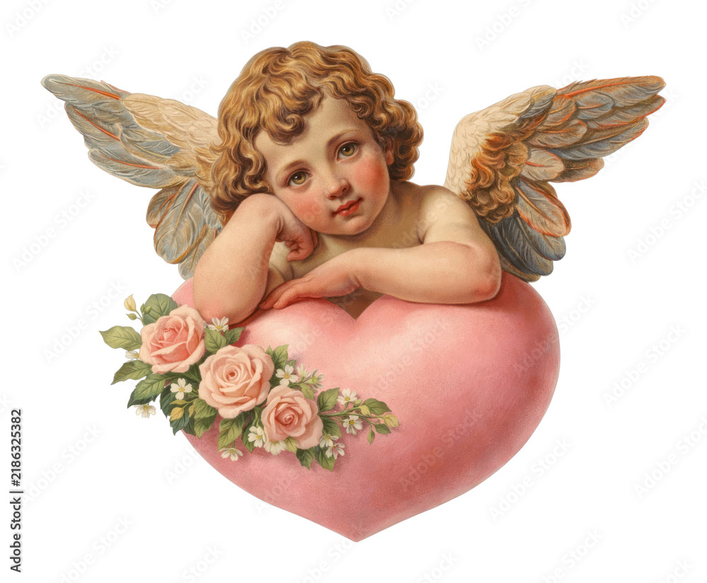 Fototapeta premium PNG Cherubic angel with heart roses