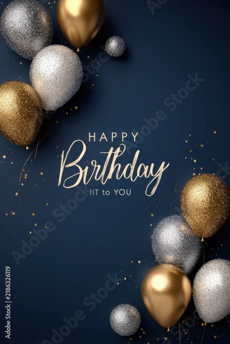 Luxurious birthday card design with balloons and elegant font on dark blue background