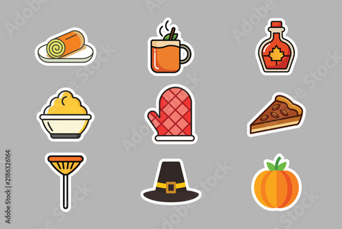 Autumn harvest food sticker set featuring pumpkin pie syrup tea and oven mitt for seasonal holidays.