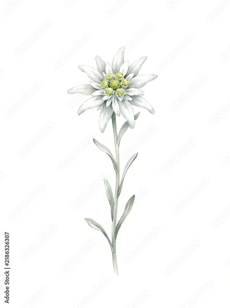 Fototapeta premium Beautiful edelweiss mountain flower painted in delicate soft watercolor style with fine detailed petals and green foliage on white background