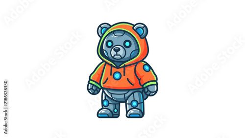 Robotic bear character in orange and blue tech suit.