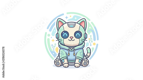 Robotic cat in green patterned hoodie design.
